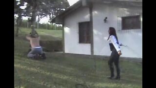 Brutal whip punishment to a cheating husband outdoors