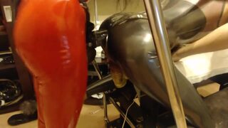 Destroying his asshole with a massive strapon dick
