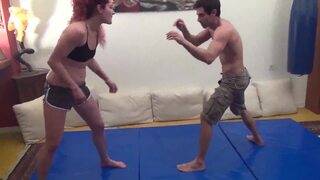 Hard mixed wrestling with strong redhead