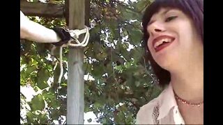 Merciless squeezing of balls outdoors
