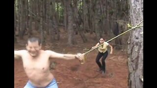 Pity loser man bull whipped in the woods